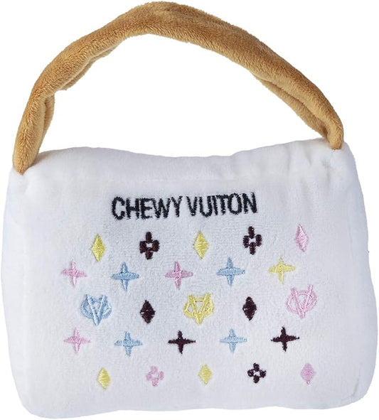 Haute Diggity Dog White Chewy Vuiton Handbag, Plush Designer Dog Toys with Interactive Squeaker, Stimulating Pet Enrichment, Machine-Washable & Safe Materials for All Breeds, Size Medium