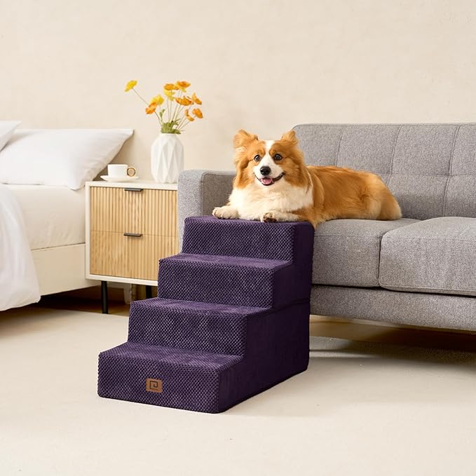 EHEYCIGA Dog Stairs for Bed 18”H, 4-Step Dog Steps for High Bed, Pet Steps for Small Dogs and Cats, Non-Slip Balanced Pet Ramp Indoor, Purple