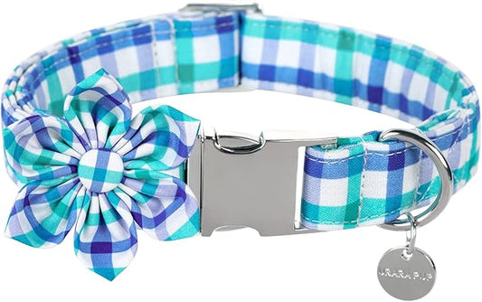 Dog Collar with Flower, Comfortable Durable Cotton Flower Collar for Girl Boy Dog or Cat, Adorable Puppy Collar with Metal Buckle, Blue Grid Gift Collar, XS