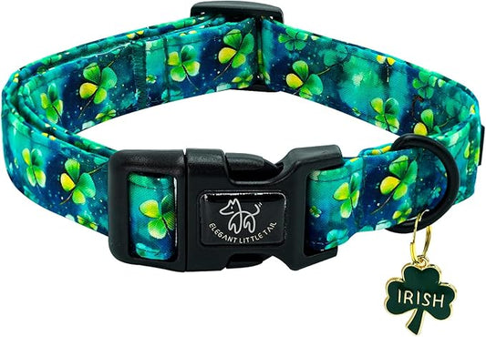 Elegant little tail St Patrick's Dog Collar-Green Cute Colver Cotton Shamrock Pet Collar Trefoil Holiday Adjustable Cotton Pet Collar with Quick Release Buckle for Small Medium Large Dogs