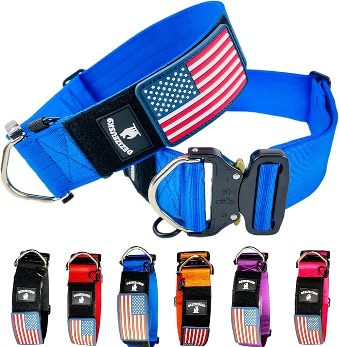 Tactical Dog Collar 2 Inch Wide Thick Heavy Duty Military Style with Metal Buckle, Adjustable for Medium - Large Breeds, Durable K9 Training Gear with Patch Area, USA Flag Patch, Strong and Secure Fit