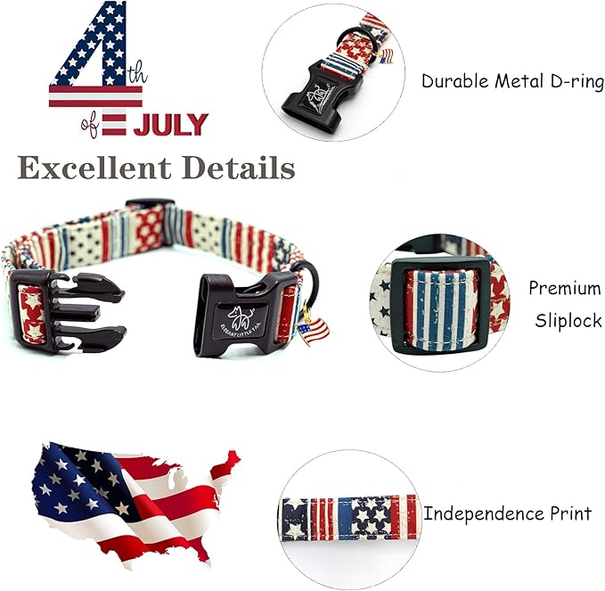 Elegant little tail Independence Dog Collar, 4th of July Holiday Pet Collars Cotton Patriotic Puppy Girl or Boy Soft Pet Gift Adjustable Dog Collar for Small Medium Large Dogs