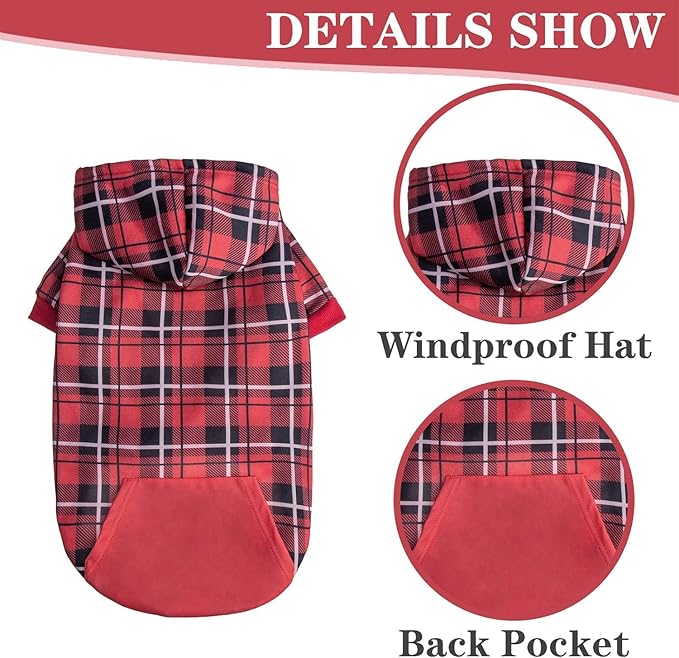 EXPAWLORER Plaid Dog Hoodie - British Style Warm Dog Sweater Shirt with Leash Hole,Pitbull Clothes Outfits,Winter Coat Apparel for All Breeds Puppy Girl Boy-Cat Apparel