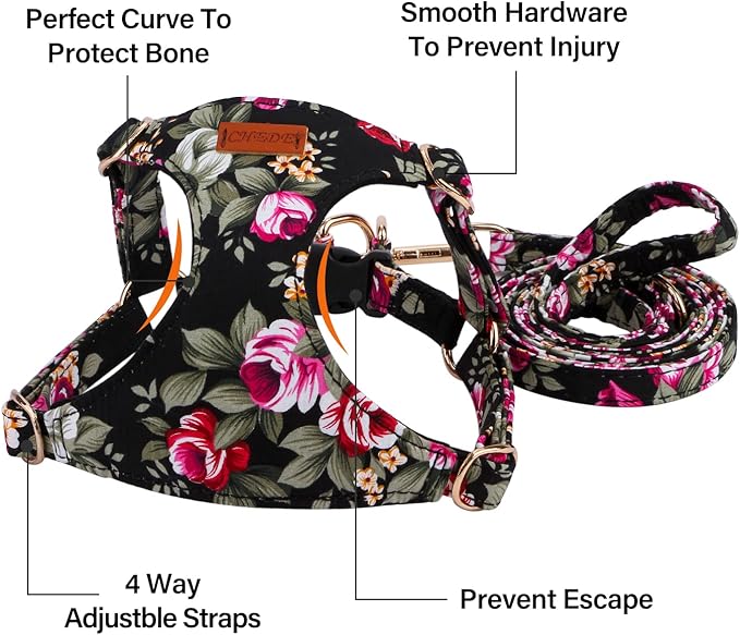 CHEDE No Pull Floral Pattern Dog Harness - Lightweight and Soft, Adjustable Small Dog Harness Set with Leash, Suitable for Puppy to Medium-Sized Dog (M, Black Flower)