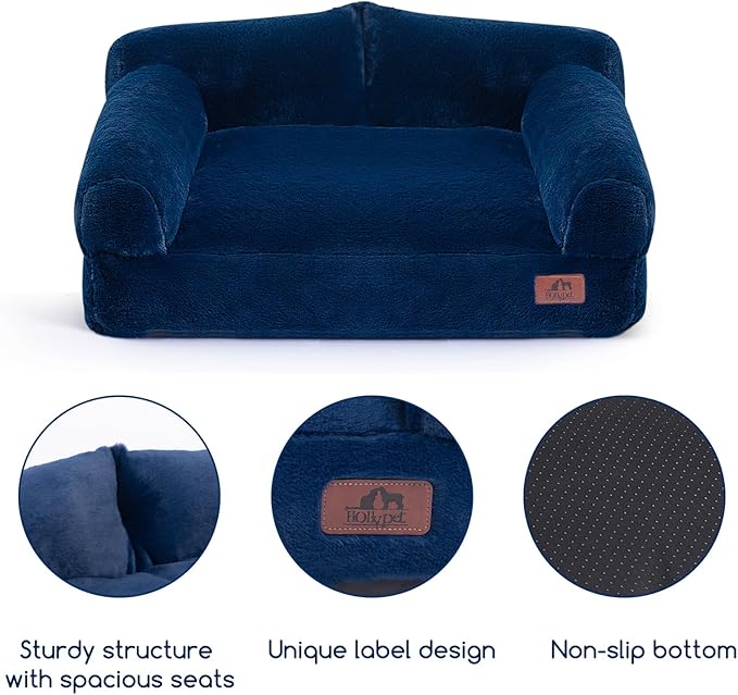 Hollypet Fluffy Plush Dog Cat Pet Couch Soft Calming Sofa Bed for Medium Small Cats and Dogs, Gray,28"x21"x10"