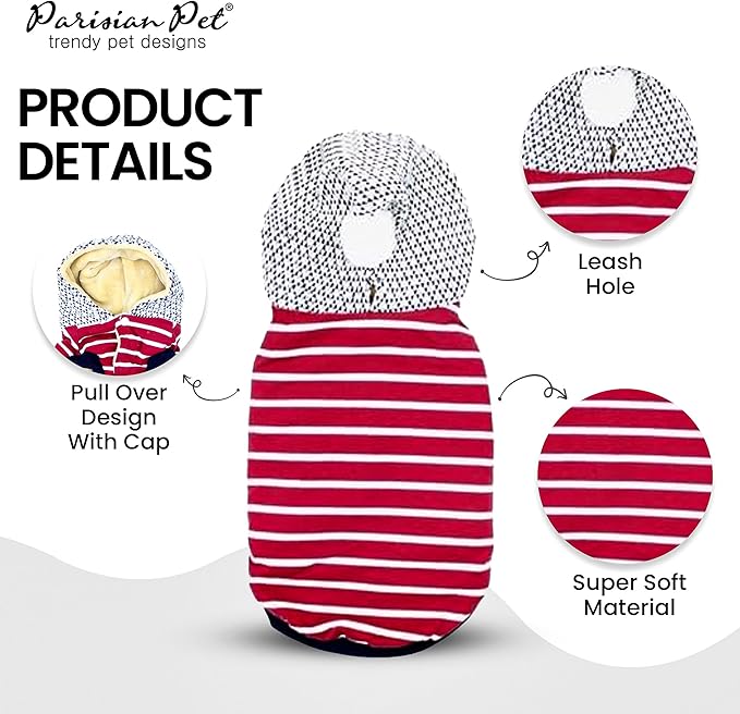 Parisian Pet Basic Dog Hoodie – Lightweight Red Striped Pom Pom Hoodie - Dog Sweatshirt – Pullover Hoodies for Dogs with Leash Hole and Pockets – Dog Clothes for Medium Dogs - M