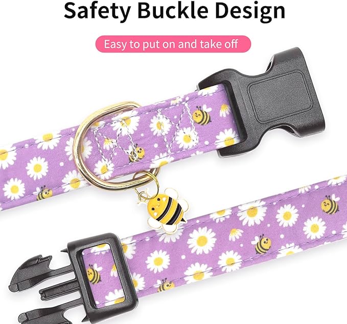 Cotton Dog Collar,Soft and Cute Puppy Collars with Bee Patterned Design for Girl Female Boy Dogs,Adjustable Buckle Pet Collar for Small Medium Large Dogs (Purple Bee, S)