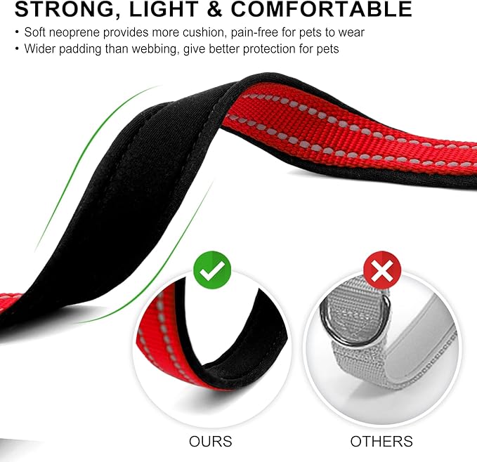 azuza Reflective Dog Collar,Soft Neoprene Padded Pet Collar with ID Tag Ring,Adjustable for Large Dogs,Red,L