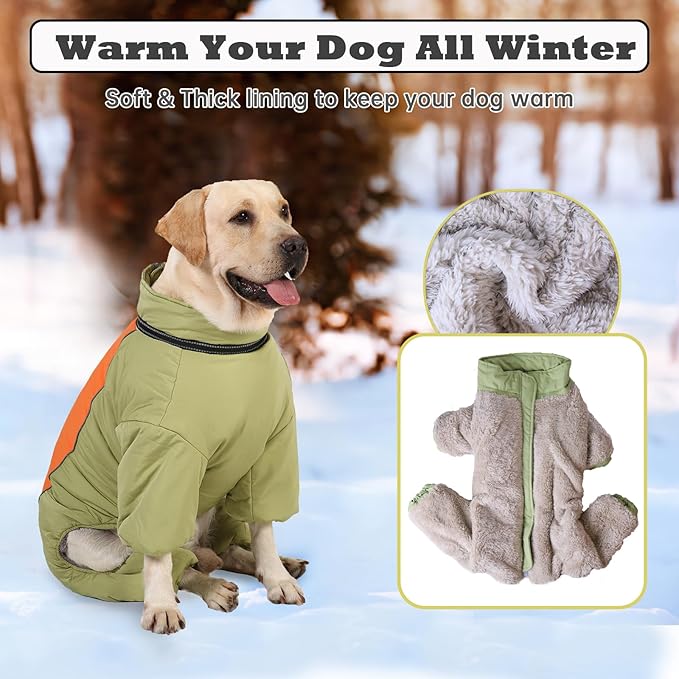 Toasty Warm 4-Legged Dog Snowsuit with Leash Ring, Reflective Zip Up Dog Winter Coat, Windproof Fleece Lining Dog Jumpsuit Jacket, LightGreen,12