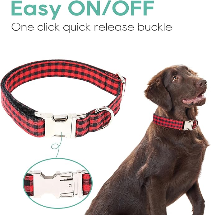 Timos Dog Collar, Adjustable Soft Dog Collar for Small Medium Large Dogs, Patterned Puppy Collars with Quick Release Buckle for Boy and Girl Female Dogs (Black Red Plaid, Large)