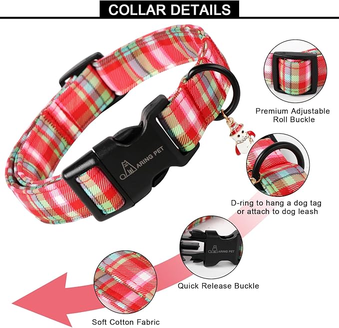 ARING PET Christmas Dog Collar-Cute Red Green Plaid Dog Collars, Adjustable Christmas Pet Collars Puppy Collar with Quick Release Buckle for Girl&Boy Dogs