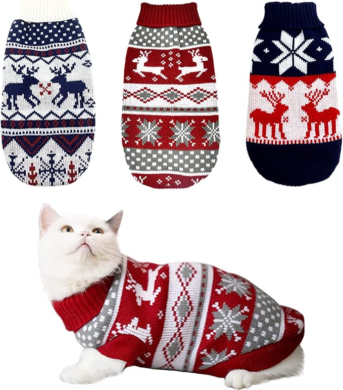 3Pcs Christmas Dog Sweater Costume Xmas Cat Knitwear Clothes Navy Blue White and Christmas Red Sweaters with Reindeers Snowflakes Pattern for Kitten Cat Puppy Dog L