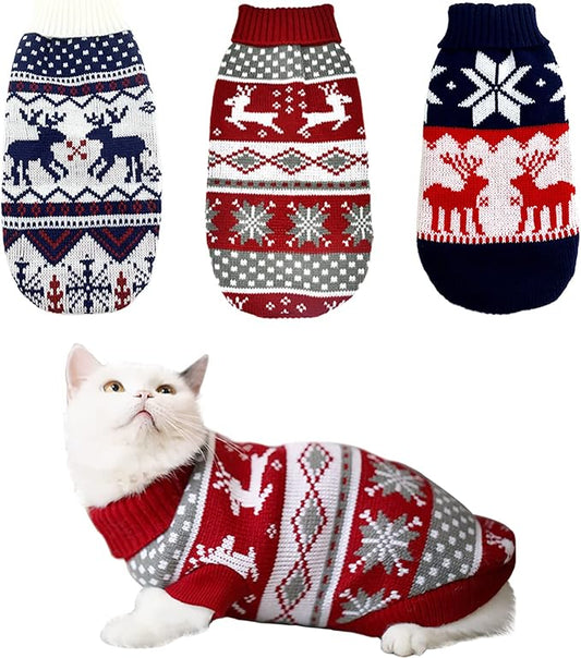 3Pcs Christmas Dog Sweater Costume Xmas Cat Knitwear Clothes Navy Blue White and Christmas Red Sweaters with Reindeers Snowflakes Pattern for Kitten Cat Puppy Dog L