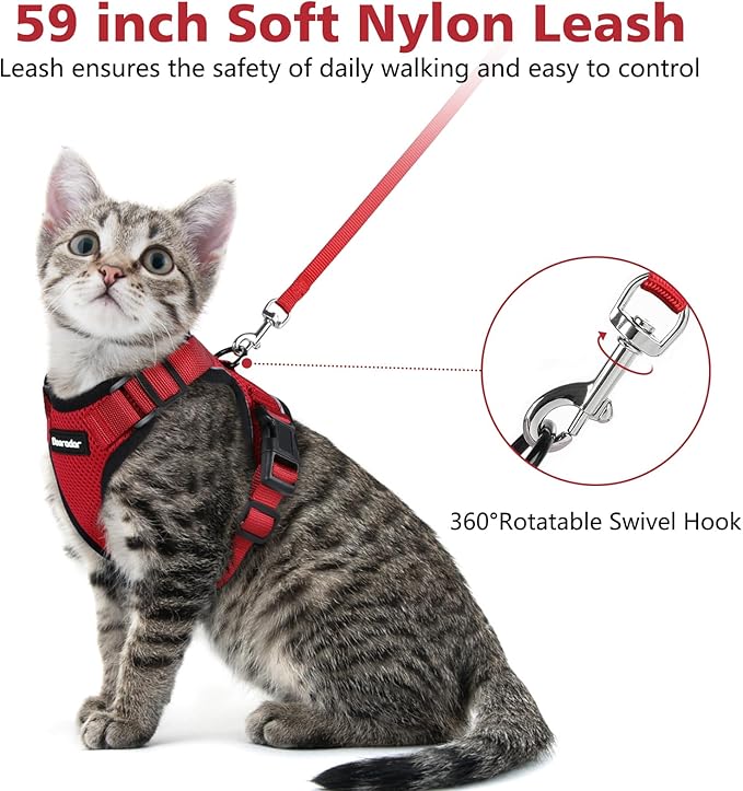 Dooradar Cat Harness and Leash Set, Escape Proof Safe Adjustable Kitten Vest Harnesses for Walking, Easy Control Soft Breathable Mesh Jacket with Reflective Strips for Cats, Red, XS