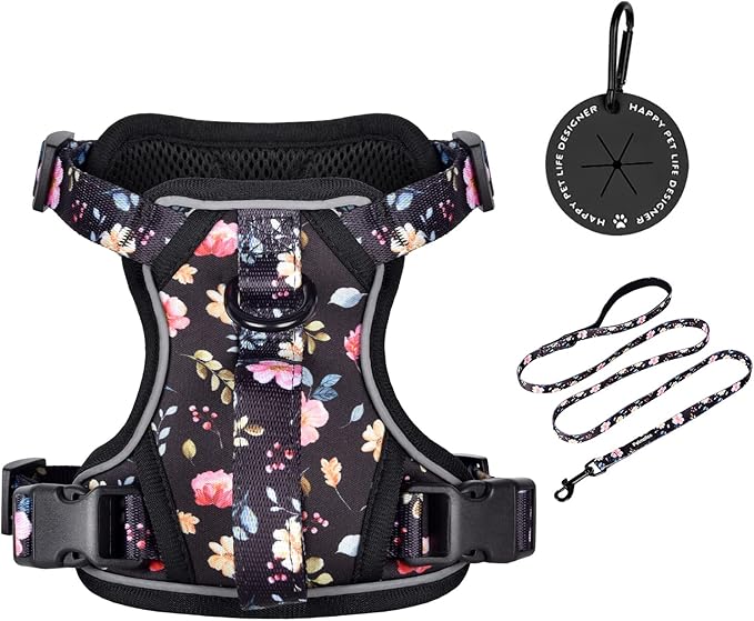 Petmolico Dog Harness for Small Dogs, Cute Harness Vest with Two Leash Clips and Soft Handle, Reflective Easy Walk Puppy Vest - Black Peach, Medium