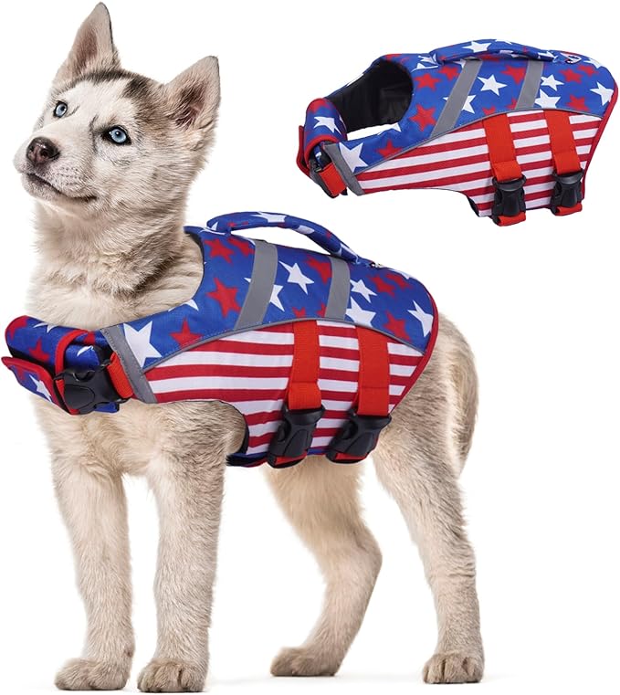 Kuoser Dog Life Jackets for Medium Dogs, American Flag Dog Life Vests for Swimming, Reflective Dog Life Vest Beach Boating with High Flotation, Dog Swim Vest for Medium Dogs