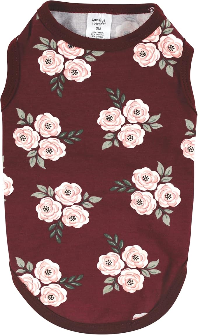 Luvable Friends Dog Pet Dog and Cats Cotton T-Shirts 2pk, Burgundy Floral Houndstooth, Large