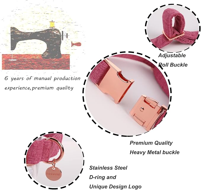 DOGWONG Pink Dog Collar with Bow, Soft Cotton Pet Collar Durable Adjustable Puppy Collar for Small Medium Large Dogs