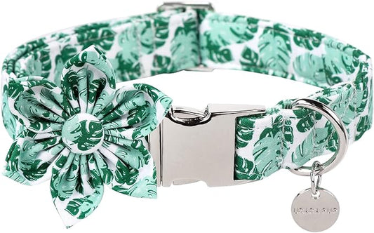Summer Dog Collar, Comfortable Cotton Dog Collar with Flower for X-Large Dog Girl, Hawaiian Dog Collar with Metal Buckle,Green, XL