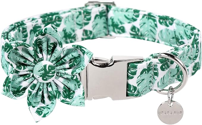 Summer Dog Collar with Flower, Comfortable Cotton Dog Flower Collar for Small Dog Girl, Hawaiian Dog Collar with Metal Buckle, Green, S