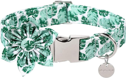 Flower Summer Dog Collar, Medium, Green, Comfortable Cotton with Metal Buckle and Detachable Flower Decoration