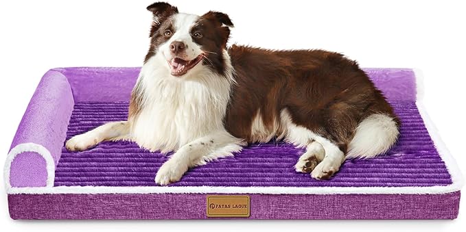 Patas Lague Orthopedic XL Dog Bed for Large Dogs 42''X28'', Waterproof Comfortable L Shaped Big Large Non-Slip Soft Warm Pet Sofa Sleep Bed mat with Removable Washable Cover, Purple