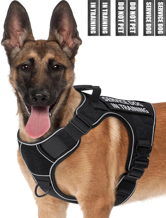 Reflective Service Dog in Training Vest Harness for Medium Large Dogs, Adjustable Heavy Duty Padded Black Dog Harness, with Front Clip and Metal Buckles Do Not Pet for Training, Hiking