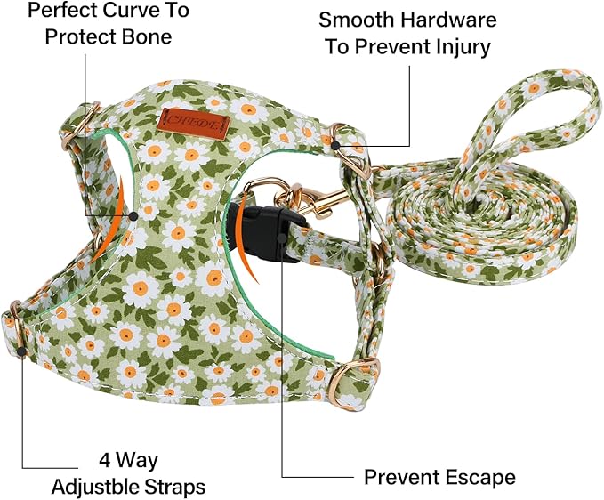 CHEDE Floral Pattern Dog Harness - Lightweight and Soft, Adjustable for Small & Medium Dogs, Includes Leash - Green Daisy