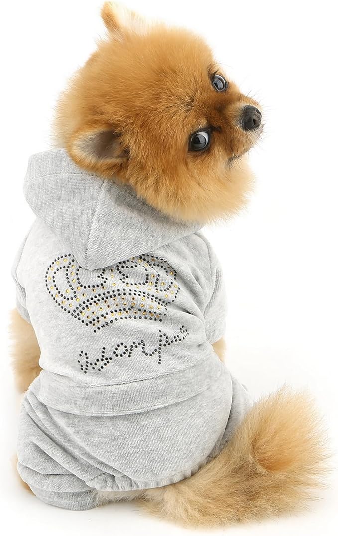 SELMAI Girl Dog Clothes for Small Dogs Cute Doggie Outfits Rhinestone Crown Stretchy Puppy Pajamas Soft Velvet Hoodie 4 Legged Jumpsuit Lightweight Pet Tracksuit Cat Apparel Leash Hole