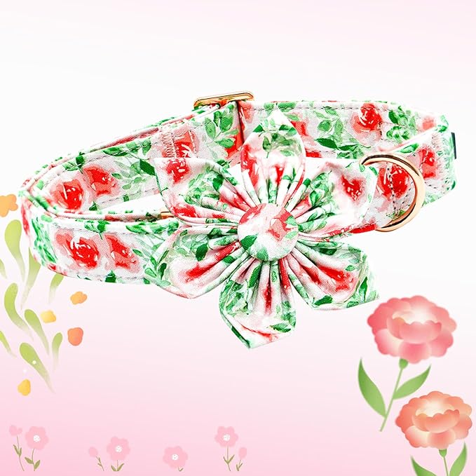 Lionheart glory Dog Collar Flowers Collar Floral Dog Collar with Flower Spring Summer Cute Collar Dog Boy or Girl Dog Collars Soft Durable Adjustable Dog Collars for Large Dogs, Red Roses