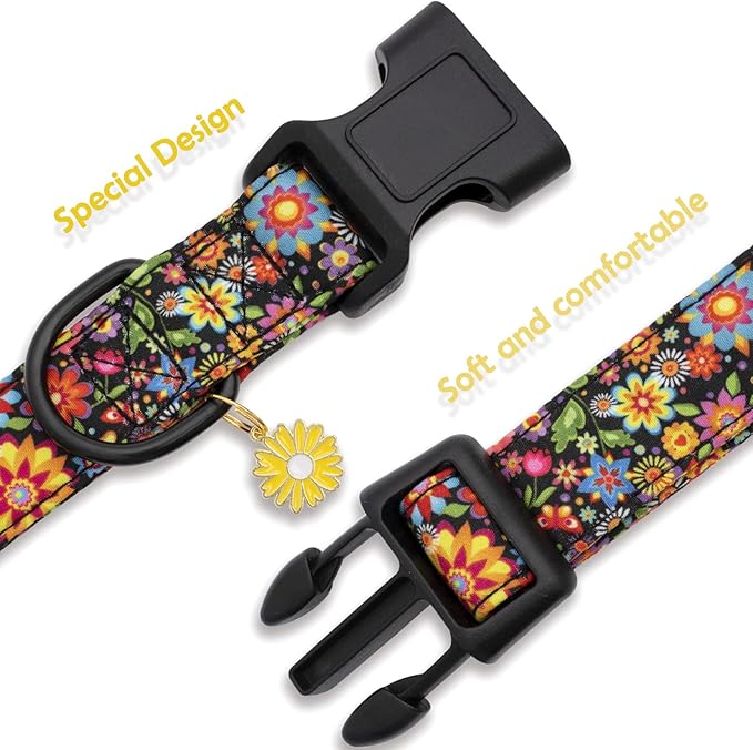 Faygarsle Floral Dog Collar for Girls and Female Dogs Soft and Fancy Pet Collar with Flower Design Ideal Black Dog Collar for Small Medium Large Dogs M