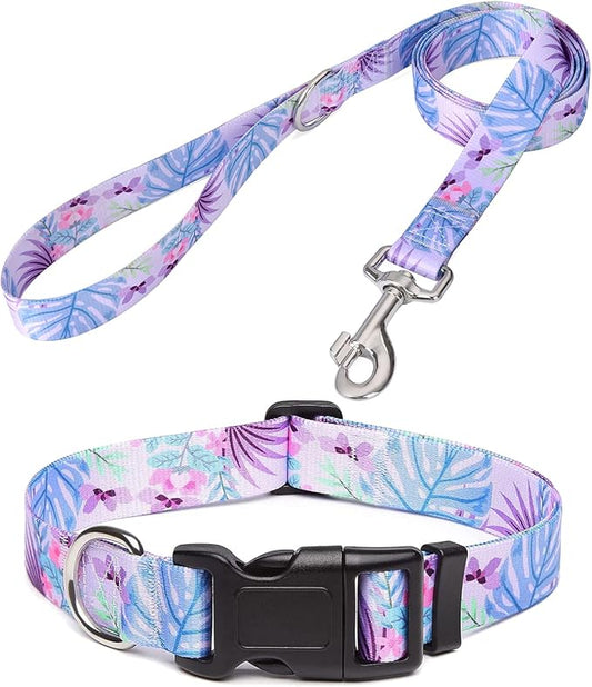Dog Collar and Leash Set with Bohemia Floral Tribal Geometric Patterns - Soft Ethnic Style Collar Adjustable for Small Medium Large Dogs(Purple Flower Flower Set,XS)