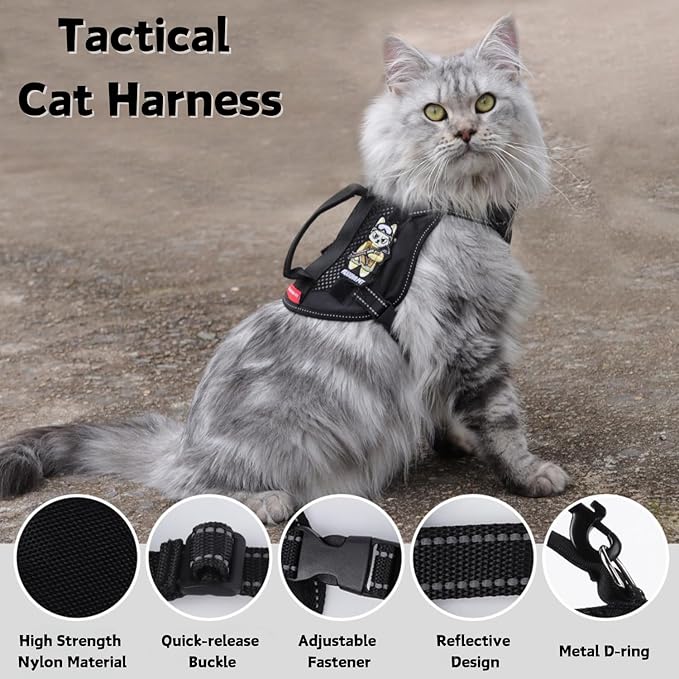 Cat Harness and Leash Set for Walking Escape Proof Adjustable Reflective Large Cat Tactical Harness with Patches Breathable Summer Vest Soft Mesh Padding Handle Easy to Control (Black, S)