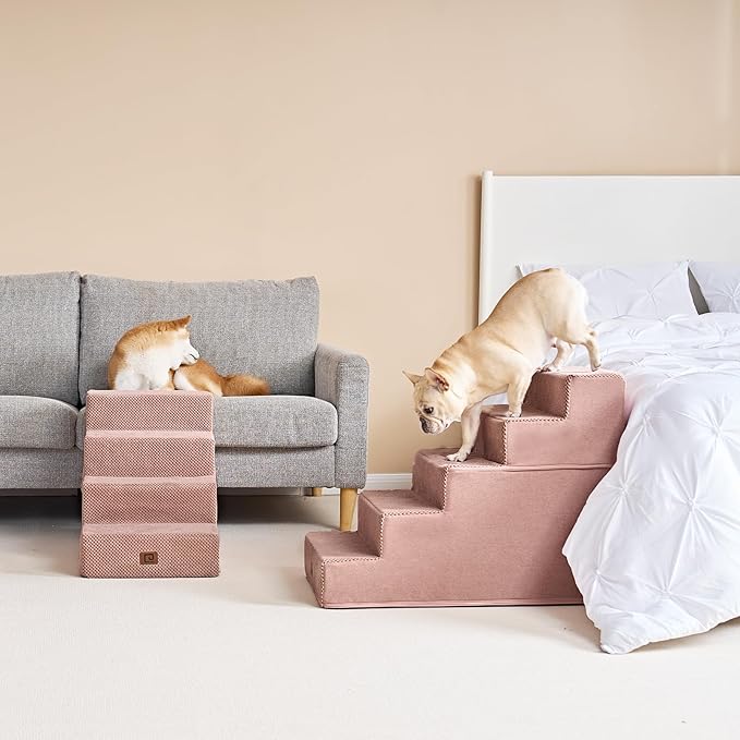 EHEYCIGA Dog Stairs for High Bed 22.5”H, 5-Step Dog Steps for Bed, Pet Steps for Small Dogs and Cats, Non-Slip Balanced Pet Ramp Indoor, Pink