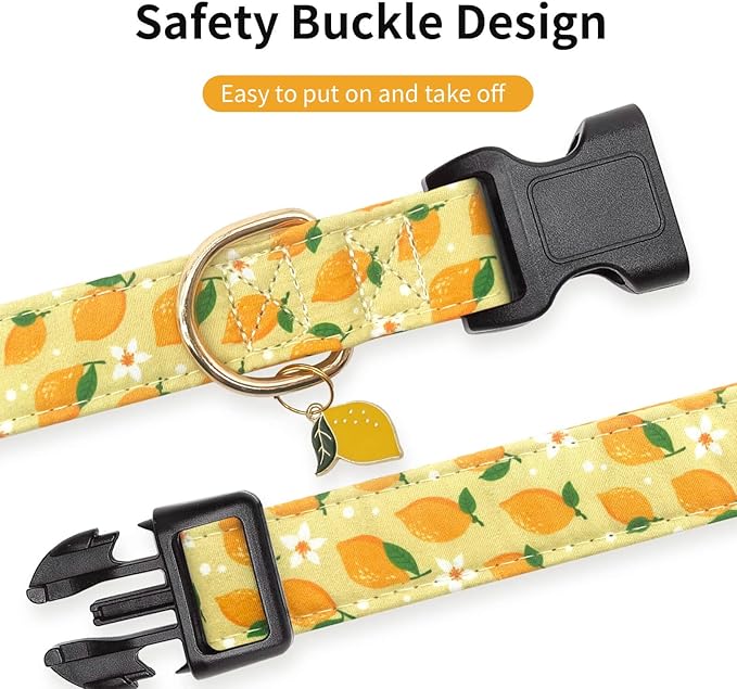 Cotton Dog Collar,Soft and Cute Puppy Collars with Lemon Patterned Design for Girl Female Boy Dogs,Adjustable Buckle Pet Collar for Small Medium Large Dogs (Yellow Lemon, L)