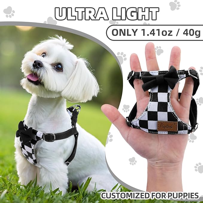 PUPTECK Dog Harness and Leash Set Small Sized, Step-in Cute Puppy Harness, Soft Lightweight Padded Vest, Escape Proof No Pull Pet Harnesses Easy for Walking, Plaid Black & White, XS