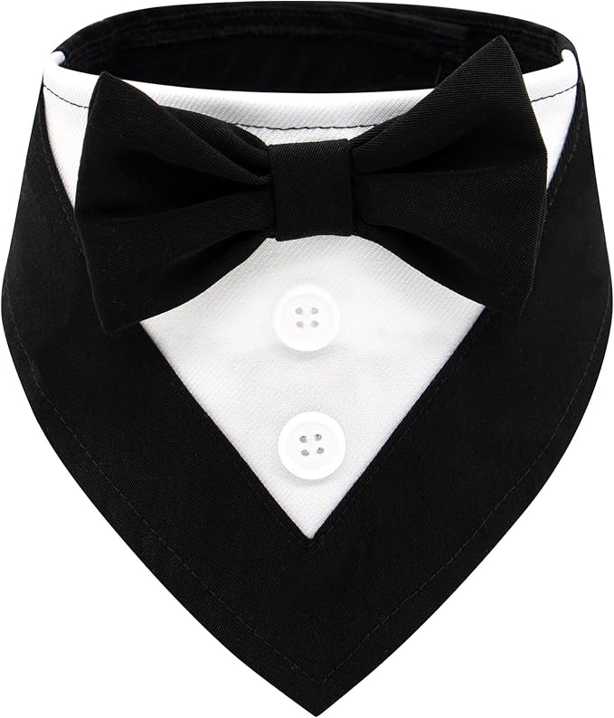 Cyeollo Wedding Bandana Collar With Bow Tie - Adjustable Tuxedo for Small Dogs, Pet Birthday Outfit, Costumes, Engagement Party Bandanas - Black S