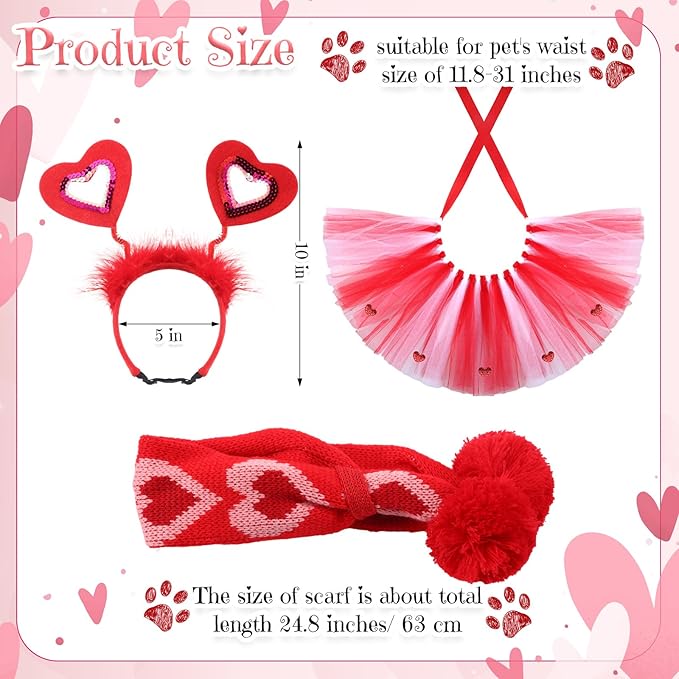 3 Pieces Valentines Day Dog Costume Set Including Red Love Headband Valentines Dog Tutu Dress Cute Pet Tutu Red Pet Scarf for Medium Animal Holiday Outfit Accessory
