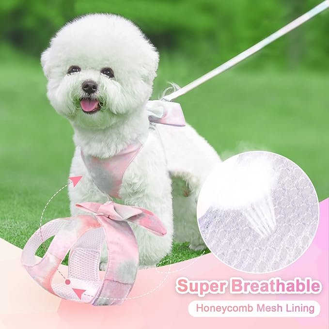 PETCARE Cute Bow Tie Dog Harness and Leash Set Elegant Rainbow Gradient Puppy Harness No Pull Soft Mesh Pet Cat Dog Vest Harnesses for Small Dogs Cats, Pink