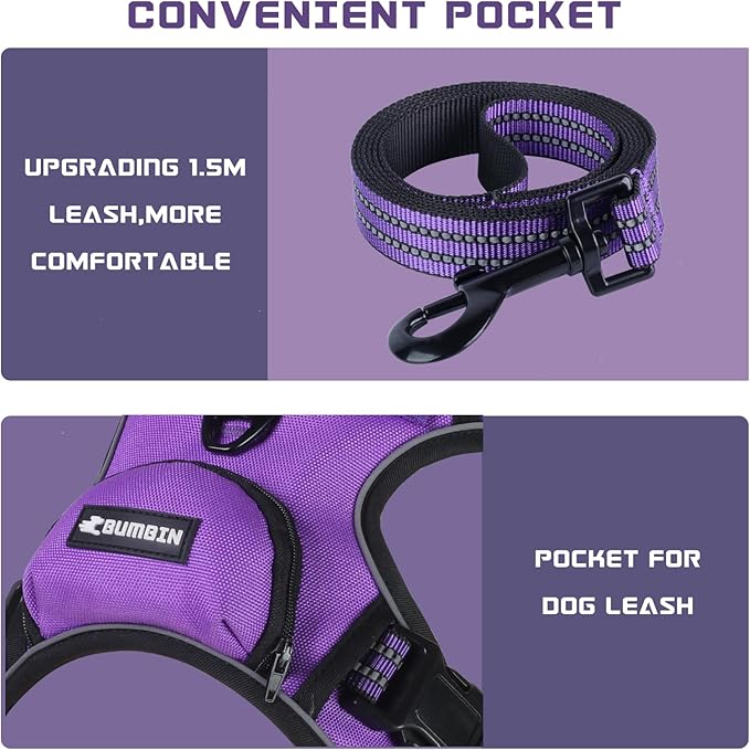 BUMBIN Dog Harness for Large Dogs, No Pull Adjustable No Choke Pet Vest with Dog Leash Fit Smart Reflective Pet Walking Harness for Training Easy Control Soft Handle Purple M