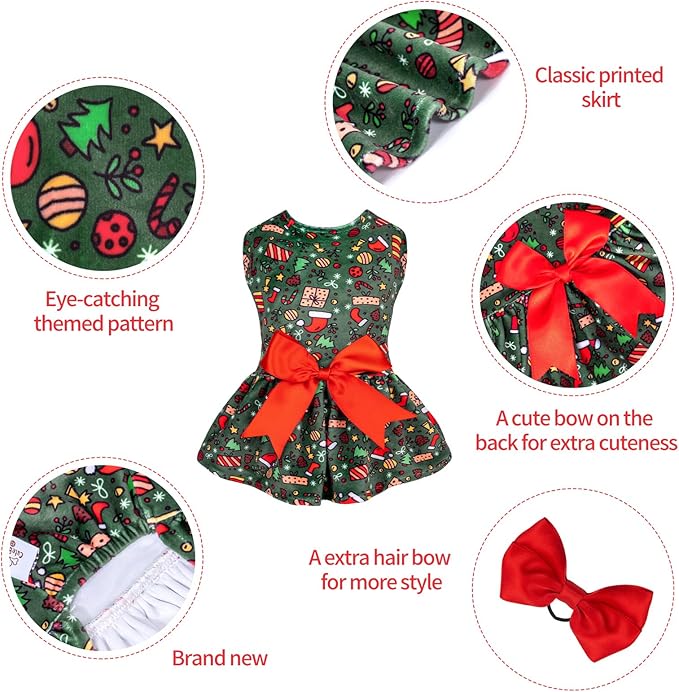 CuteBone Christmas Dog Dresses Outfit Velvet Holiday Small Dogs Clothes Onesie Pet Apparel Girl Puppy Skirt with Bow Hair Rope CVA33L