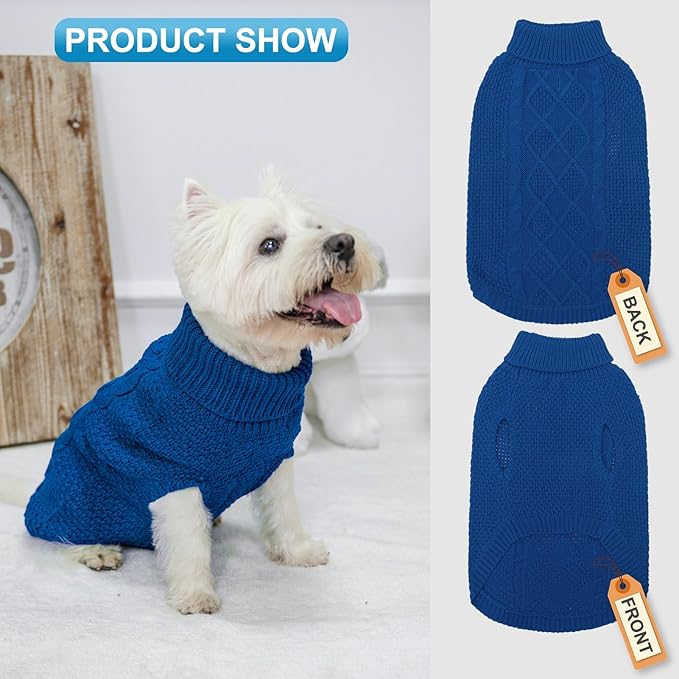 Mihachi Turtleneck Dog Sweater - Winter Coat Apparel Classic Cable Knit Clothes with Leash Hole for Cold Weather, Ideal Gift for Pet in New Year Royal Blue X-Small