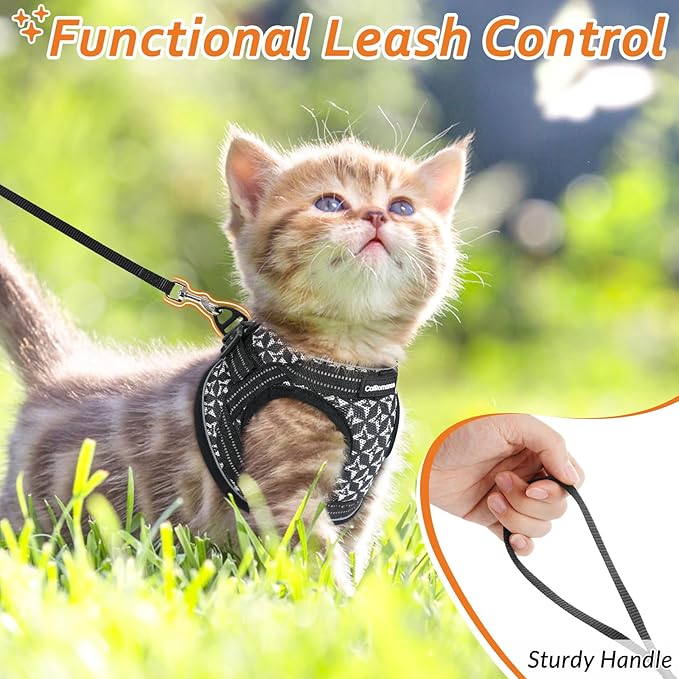 Cat Harness and Leash Escape Proof for Walking, Safe Adjustable Medium Kitten Vest Set with Reflective Strip for Kitty, Easy Control Comfortable Soft Outdoor Pet Harnesses, Black, Medium