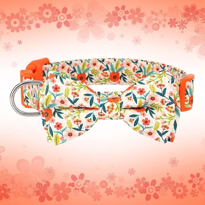 Didog Floral Dog Collar with Bow, Cute Girl Dog Collars with Detachable Bowtie, Soft & Comfy Spring Summer Dog Collar for Small Medium Large Dogs Gift Holiday, Orange, M