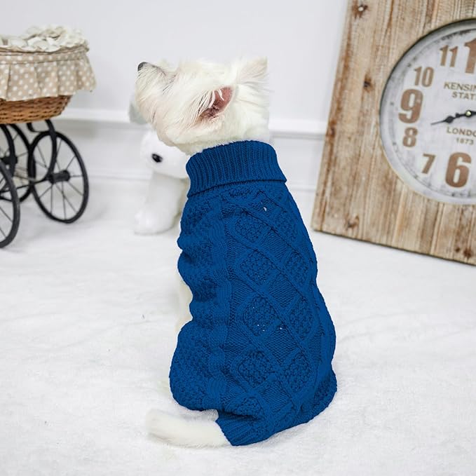 Mihachi Turtleneck Dog Sweater - Winter Coat Apparel Classic Cable Knit Clothes with Leash Hole for Cold Weather, Ideal Gift for Pet in New Year Royal Blue X-Small