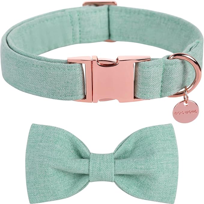 DOGWONG Cotton Dog Collar with Bow Green Pet Collar Durable Adjustable Puppy Collar for Small Medium Large Dogs