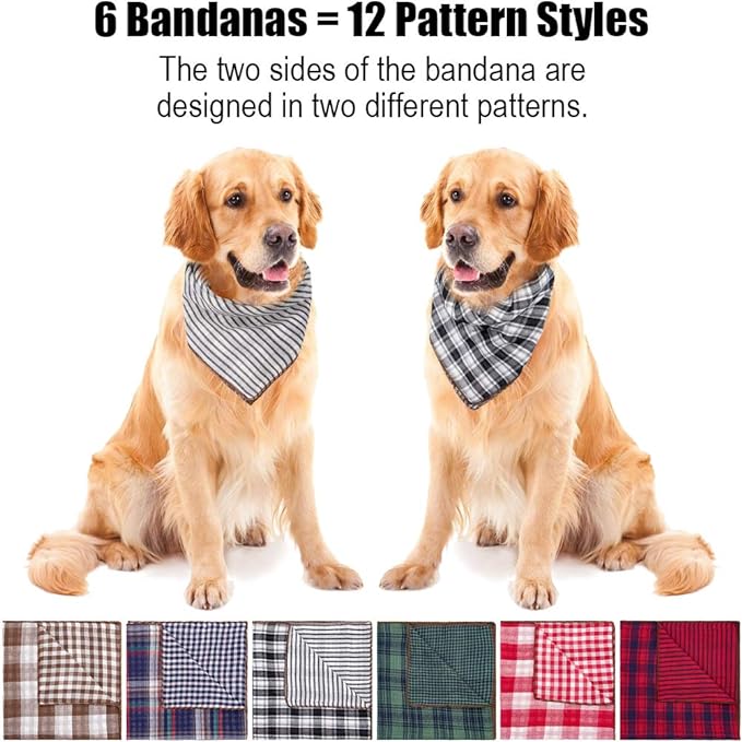 Remifa Dog Bandana - 6PCS Birthday Gift Washable Green Blue Red Christmas Bandana Square Plaid Printing Bib Double Reversible Kerchief Scarf Adjustable Accessories for Small to Large Dog Puppy Cat