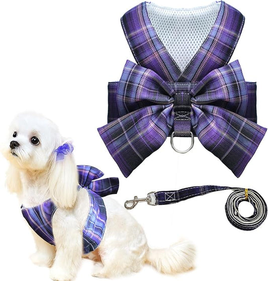 Cute Dog Harness and Leash Set with Bow Tie Soft Mesh Plaid Girl Puppy Harness No Pull Pet Cat Dog Vest Harness for Small Dogs Chihuahua Rabbit Outfit (Purple,L)