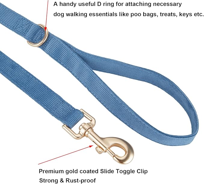 Soft Corduroy Dog Collar and Leash Set, Adjustable Cotton Dog Collars with Metal Buckle and Lead for Large Dogs,Blue