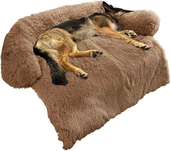Calming Dog Bed Fluffy Plush Dog Mat for Furniture Protector with Removable Washable Cover for Large Medium Small Dogs and Cats (Large, Brown)